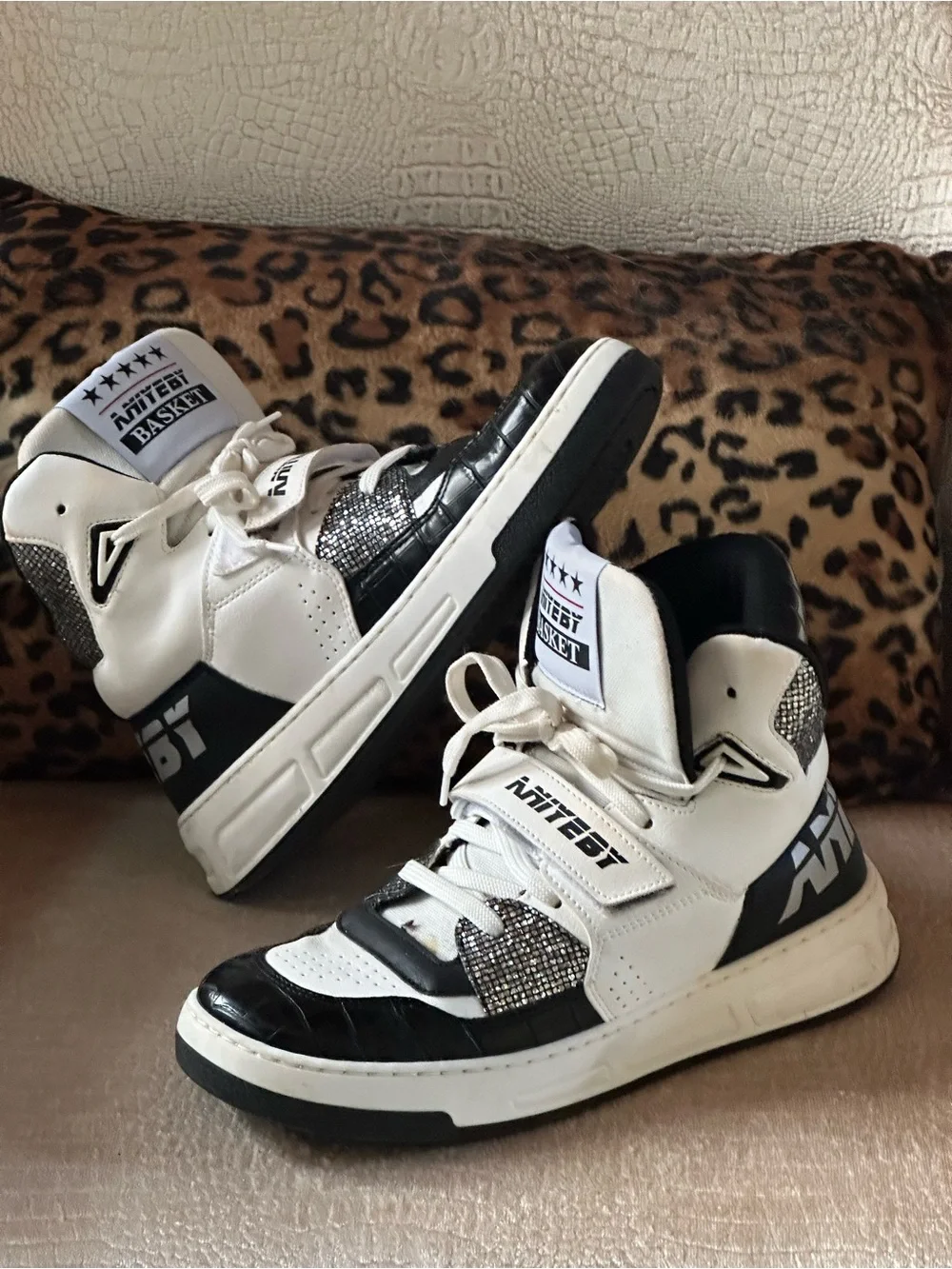 Aniyeby Baket White and Black Silver Sparkle High-Top Sneakers